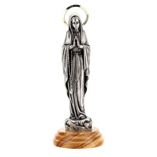 Imagem Nossa Senhora de Lourdes Zamak auréola dourada base madeira de oliveira 12 cm 1