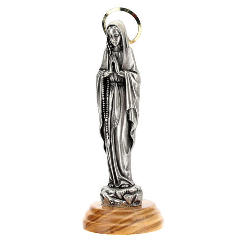 Imagem Nossa Senhora de Lourdes Zamak auréola dourada base madeira de oliveira 12 cm 2