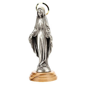 Imagem Nossa Senhora das Graças Zamak auréola dourada base madeira de oliveira 12 cm
