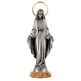 Gottesmutter von der Wunderbaren Medaille – Statue 18 cm aus Zamak mit Olivenholz-Sockel
