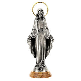Imagem Nossa Senhora das Graças Zamak auréola dourada base madeira de oliveira 18 cm
