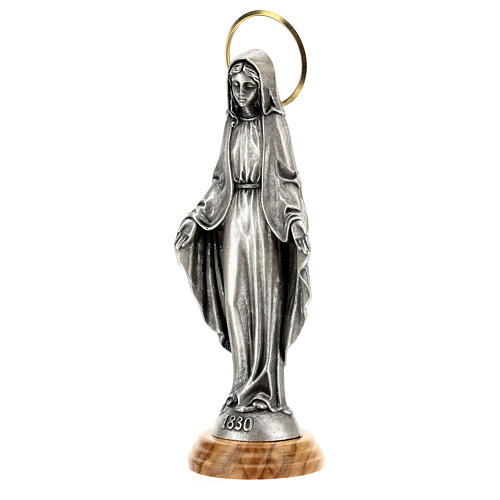 Imagem Nossa Senhora das Graças Zamak auréola dourada base madeira de oliveira 18 cm 2