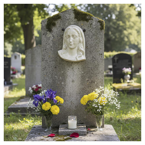 Marble effect Botticino bronze plaque with Virgin face in bas-relief for outdoor 2