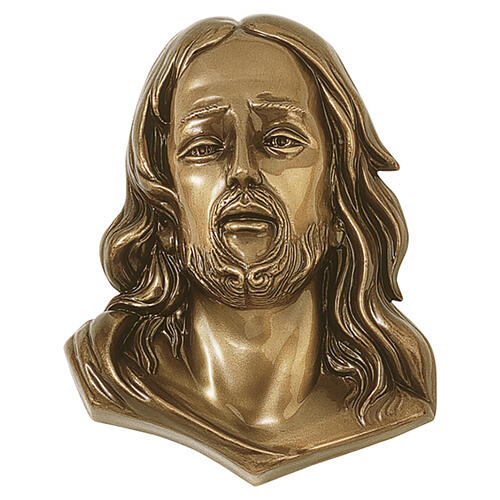 Reliefplakette mit dem Antlitz Christi im Hochrelief aus Messing in bronzefarbener Ausführung für den Außenbereich 10x8 cm 1