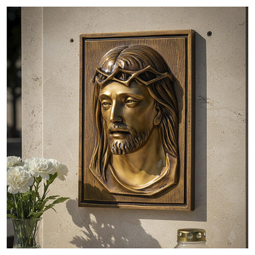 Placa rostro Jesús corona espinas sobre fondo bronceado 35x25 cm 2