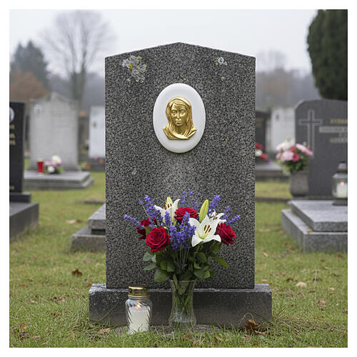 Oval white plaque with golden face of Our Lady, 7x5 in, for outdoor use 2