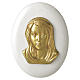 Placa rostro Virgen dorado sobre base blanca ovalada 17x13 cm para exterior s1