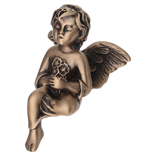 Funerary little angel in bronze, lost-wax casting, ground-mounted for OUTDOOR USE, 3x3 in 4