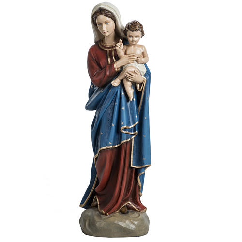 Virgin Mary and baby Jesus, red blue dress statue in fiberglass 1