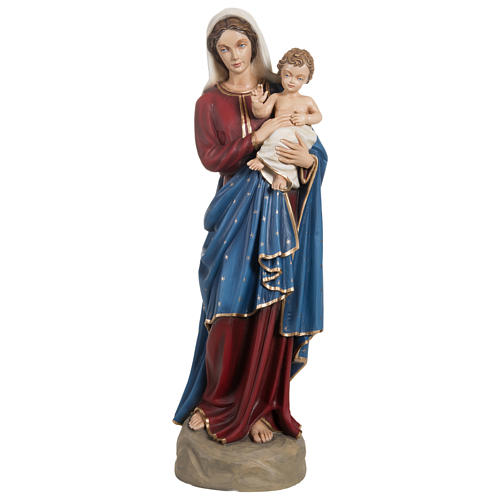 Statue of the Virgin Mary with Baby Jesus and red and blue cape in fibreglass 85 cm for EXTERNAL USE 1