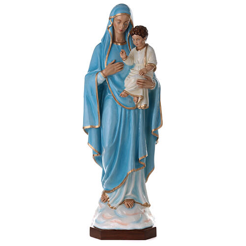 Statue of the Virgin Mary with Baby Jesus and sky blue cape in fibreglass 130 cm for EXTERNAL USE 1