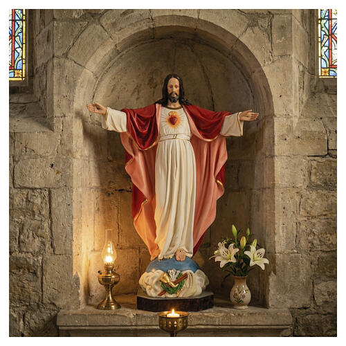 Estatua Jesús Sagrado Corazón brazos abiertos 85 cm fibra de resina pintada 4