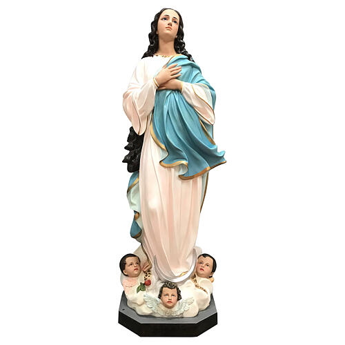 Statue aus Glasfaser Mariä Himmelfahrt mit Engelchen nach Murillo, 130 cm 1