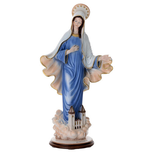 Our Lady of Medjugorje statue with Church 65 cm for outdoors painted reconstituted marble 1