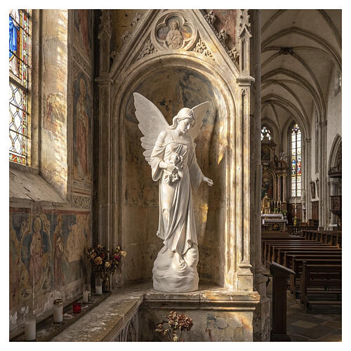 Angel with flowers in reconstituted marble, 100 cm 2