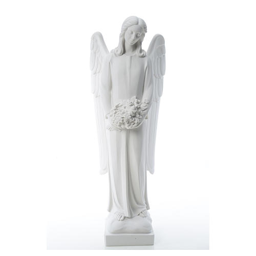 Angel with flowers in reconstituted white Carrara marble 31,5in 5