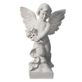 Angel with rose, composite Carrara marble statue 60 cm