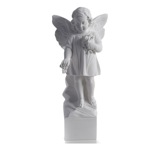 Angel with flowers in reconstituted white marble 15,75in 4
