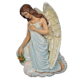 Angel with flowers, light blue in reconstituted marble 25cm