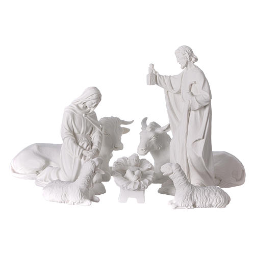 Complete Nativity set of 7 pieces in Carrara marble dust, 30cm 1