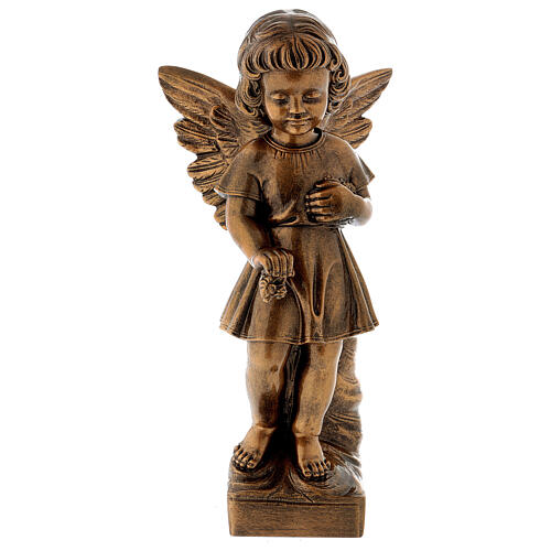 Angel with flowers statue in bronzed marble powder composite 48 cm, OUTDOOR 1
