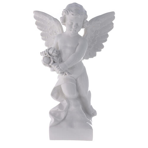 Angel with rose statue in polished white marble powder composite 60 cm, OUTDOOR 1