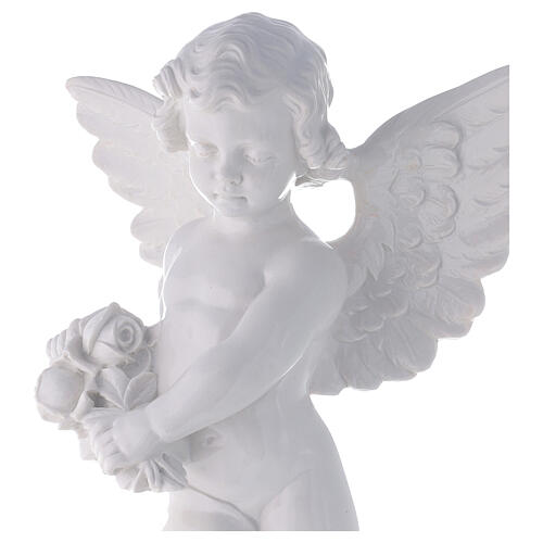 Angel with rose statue in polished white marble powder composite 60 cm, OUTDOOR 2