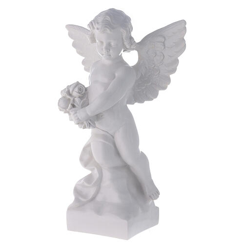 Angel with rose statue in polished white marble powder composite 60 cm, OUTDOOR 3