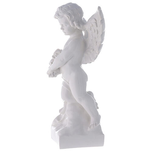Angel with rose statue in polished white marble powder composite 60 cm, OUTDOOR 4