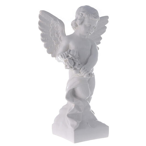 Angel with rose statue in polished white marble powder composite 60 cm, OUTDOOR 5