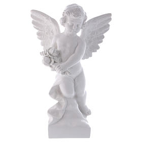Statue in polvere di marmo di Carrara: Angioletto con rosa 60 cm polvere marmo bianco lucido PER ESTERNO
