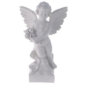 Angel with rose statue, 60 cm marble dust glossy white FOR OUTDOORS