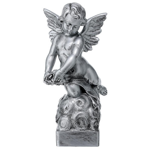 Engelchen mit Rose, Carrara-Marmor-Pulver, Silbereffekt-Finish, 50 cm 1
