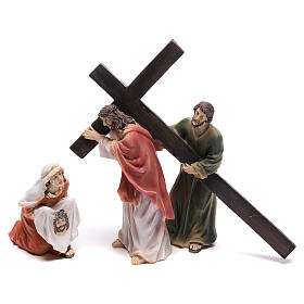 Ícones, Ovos Pintados, Quadros, Imagens: Figuras de resina da Paixão de Jesus: Jesus carregando a Cruz no caminho do Calvário, com Simão Cireneu e a Verónica