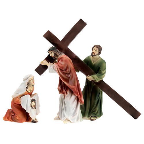 Figuras de resina da Paixão de Jesus: Jesus carregando a Cruz no caminho do Calvário, com Simão Cireneu e a Verónica 1