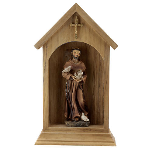 Statue Franz von Assisi mit Vögeln in Hütte aus Holz, 25x15 cm 1
