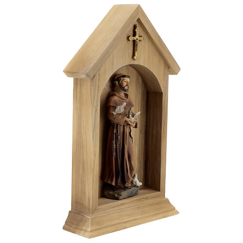 Statue Franz von Assisi mit Vögeln in Hütte aus Holz, 25x15 cm 3