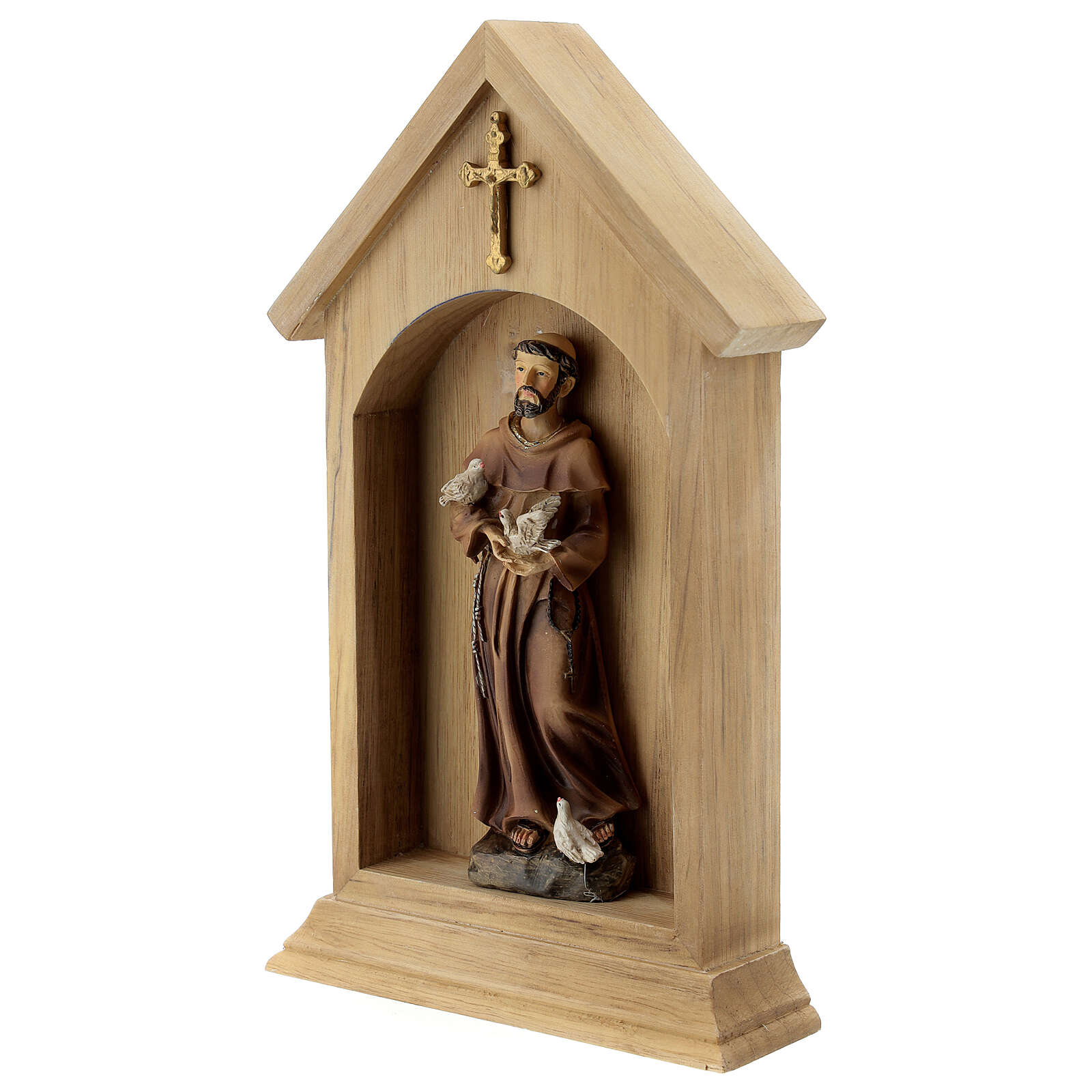 Saint François oiseaux résine niche bois 25x15 cm vente en ligne sur