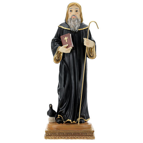 Święty Benedykt z Nursji szaty czarne kruk, figura z żywicy 32 cm 1