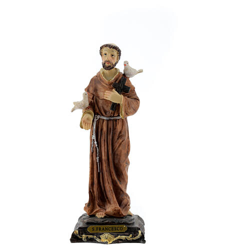 Figura Święty Franciszek z Asyżu gołębice krzyż drewniany, żywica 20 cm 1