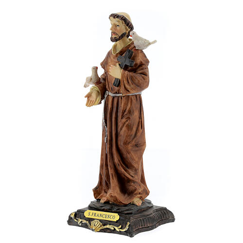 Figura Święty Franciszek z Asyżu gołębice krzyż drewniany, żywica 20 cm 2
