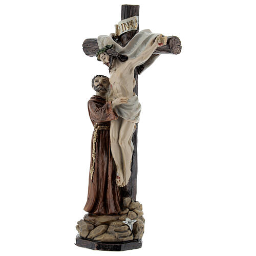 Statue aus Harz Franz von Assisi mit Jesus Christus am Kreuz, 15 cm 2