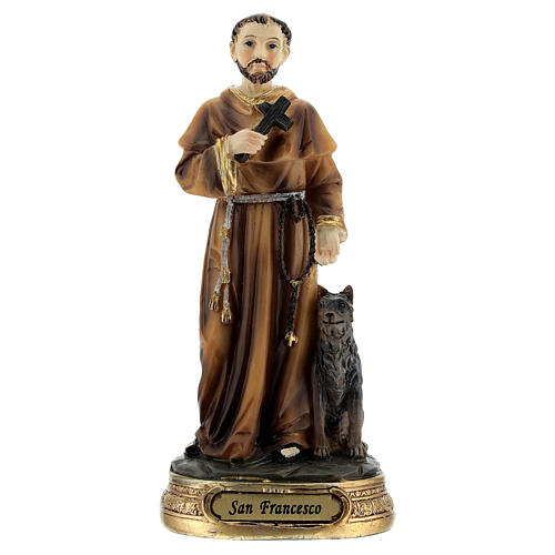 Statue aus Harz Franz von Assisi mit Kreuz und Wolf, 13 cm 1