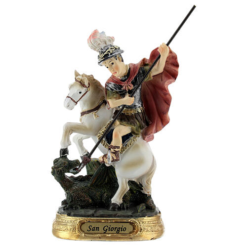 Święty Jerzy zabijający smoka koń biały, figurka z żywicy 12 cm 1
