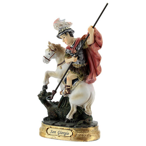 Święty Jerzy zabijający smoka koń biały, figurka z żywicy 12 cm 2