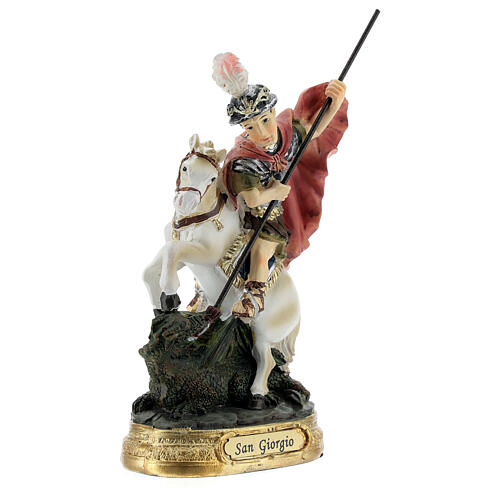 Święty Jerzy zabijający smoka koń biały, figurka z żywicy 12 cm 3