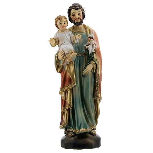 Statue aus Harz von Sankt Joseph mit dem Kind und Lilien, 15 cm 1