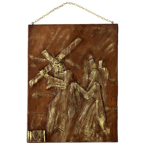Via Crucis 15 stazioni resina marrone e oro 35X28X1 cm 6
