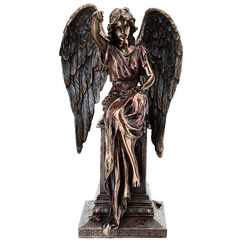 Angelo bronzato seduto su lapide con rose 30 cm Veronese Design 1