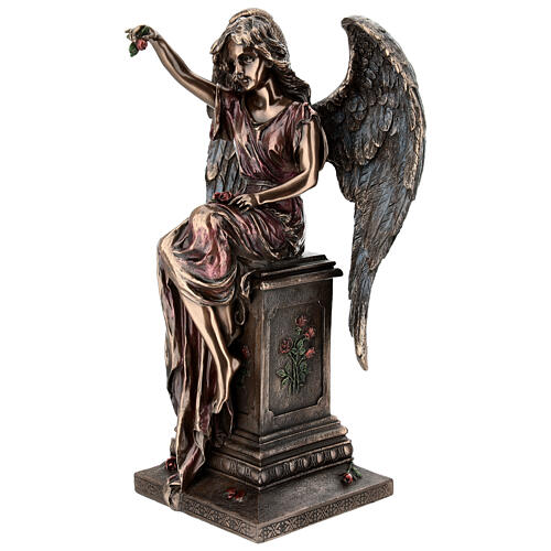 Angelo bronzato seduto su lapide con rose 30 cm Veronese Design 3
